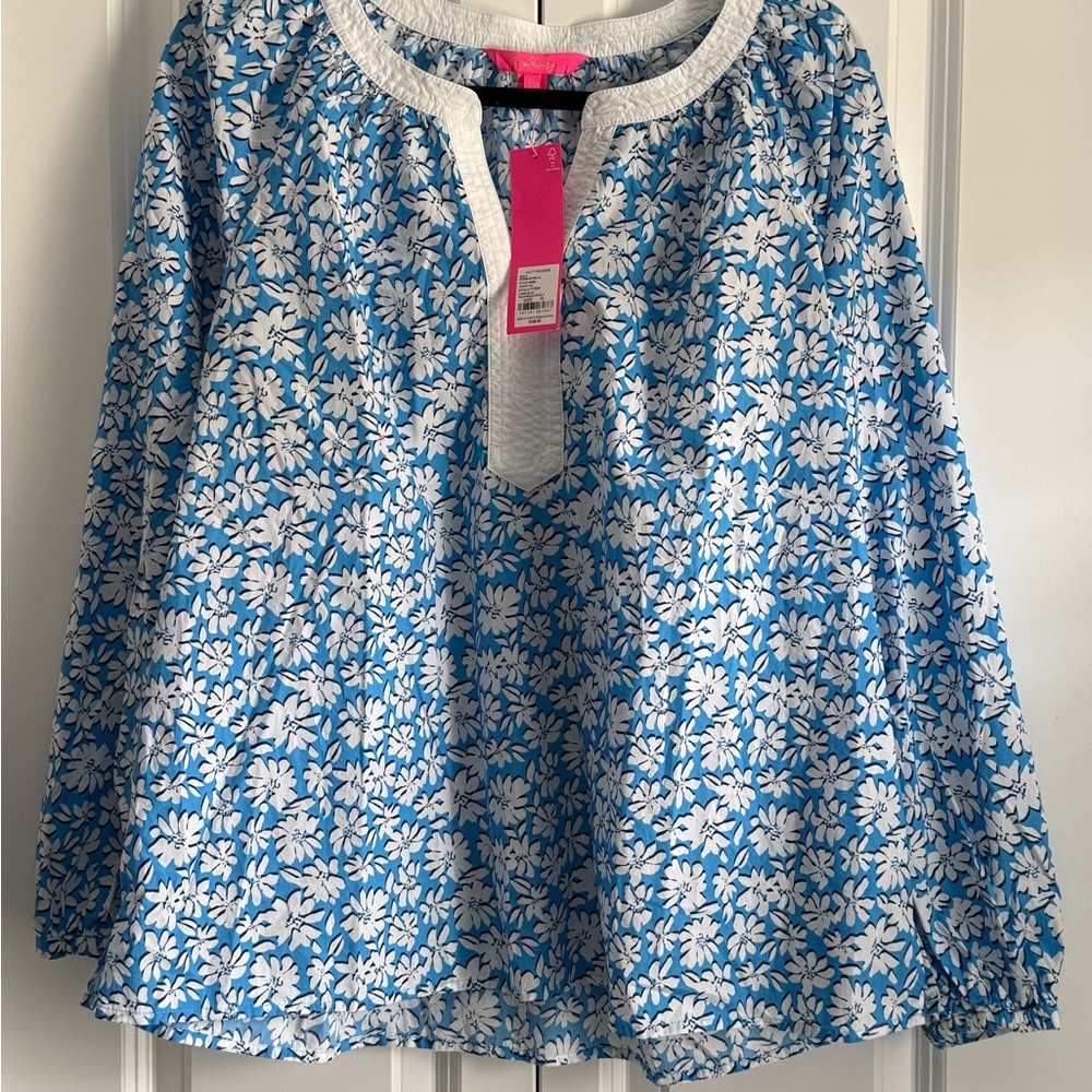 Lilly Pulitzer Women's Camryn Tunic Shirt, Lunar Blue Palm Beach Petals XL NWT - Picture 2 of 4